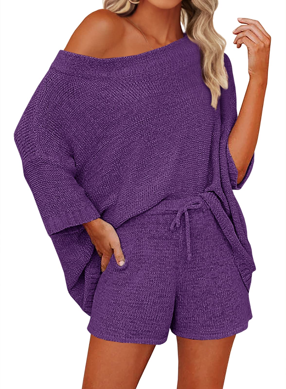 Mafulus Women's 2 Piece Sweater Set - Off Shoulder Knit Top & Shorts Matching Lounge Outfit | Cute Pajama Set for Sleepwear, Loungewear & Home Relaxation
