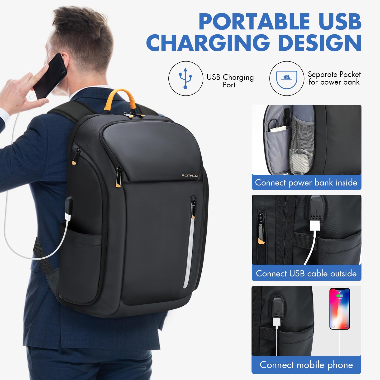 30L Business Backpack for Men - Airplane Approved USB Charging Travel Backpack with Water-Resistant 900D Nylon, Fits 17.3 Inch Laptop - Ergonomic Computer Bag for Office, Commuting & Business Travel (Black)