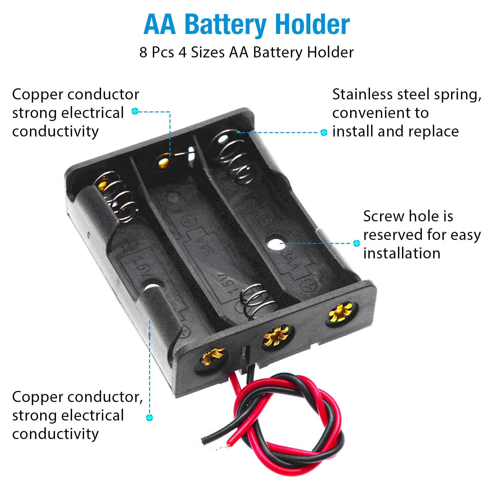 QTEATAK 8 Pack AA Battery Holders with Wires - 1.5V, 3V, 4.5V, 6V (1AA, 2AA, 3AA, 4AA) - Durable Plastic Battery Cases for DIY Electronics, Robotics, and Science Projects - Perfect for Circuit Boards, LED Lights, and School Experiments