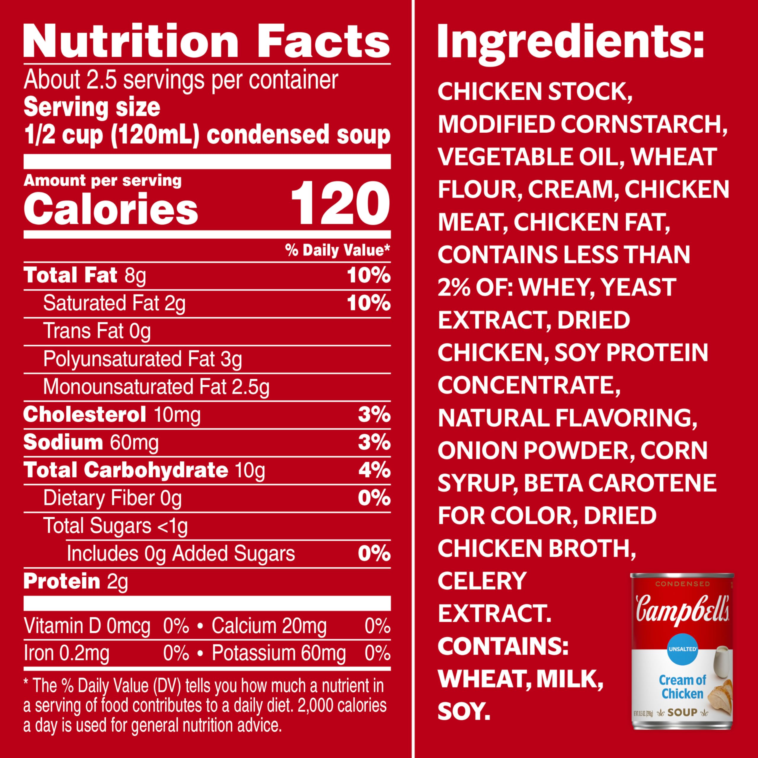 Campbell's Condensed Unsalted Cream of Chicken Soup - 10.5 oz Can (Pack of 12) | Healthy Cooking Ingredient for Casseroles, Soups & Recipes | Perfect for Home Chefs & Meal Prep