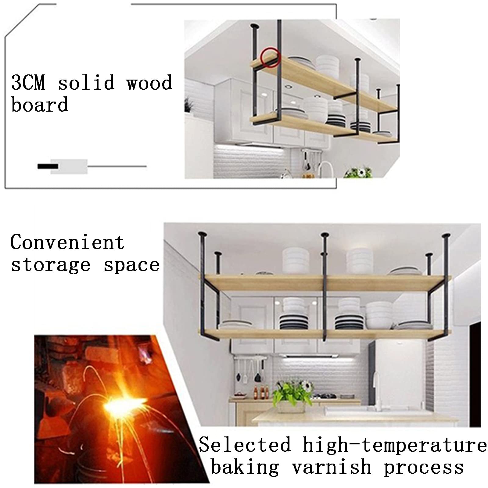 Black Ceiling-Mounted Floating Shelf - 120x30x80cm (47x12x31 inch) Multi-Purpose Hanging Storage for Wine, Books, Plants & Decor - Perfect for Kitchen, Bedroom, Bar & Living Room Wall Organization