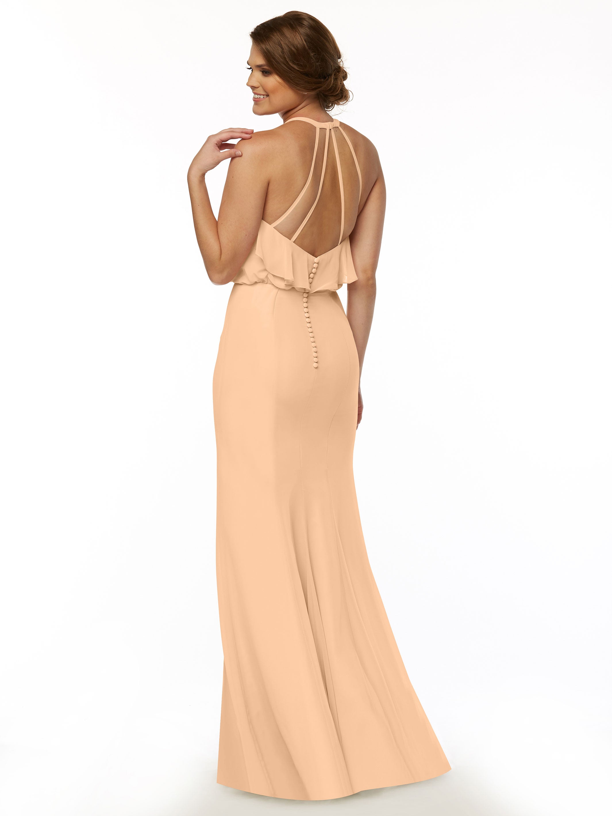 Elegant 80147 Fit and Flare Chiffon Bridesmaid Dress with Ruffled Neckline & Thigh Slit - Perfect for Weddings, Proms, and Formal Events