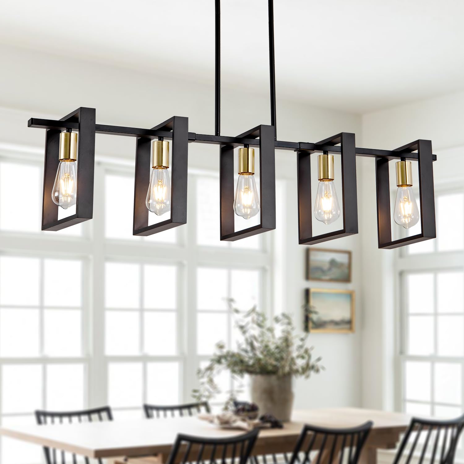 Rustic Farmhouse Wood Chandelier - 5-Light Black Kitchen Island Pendant Lighting, Adjustable Height 41.3