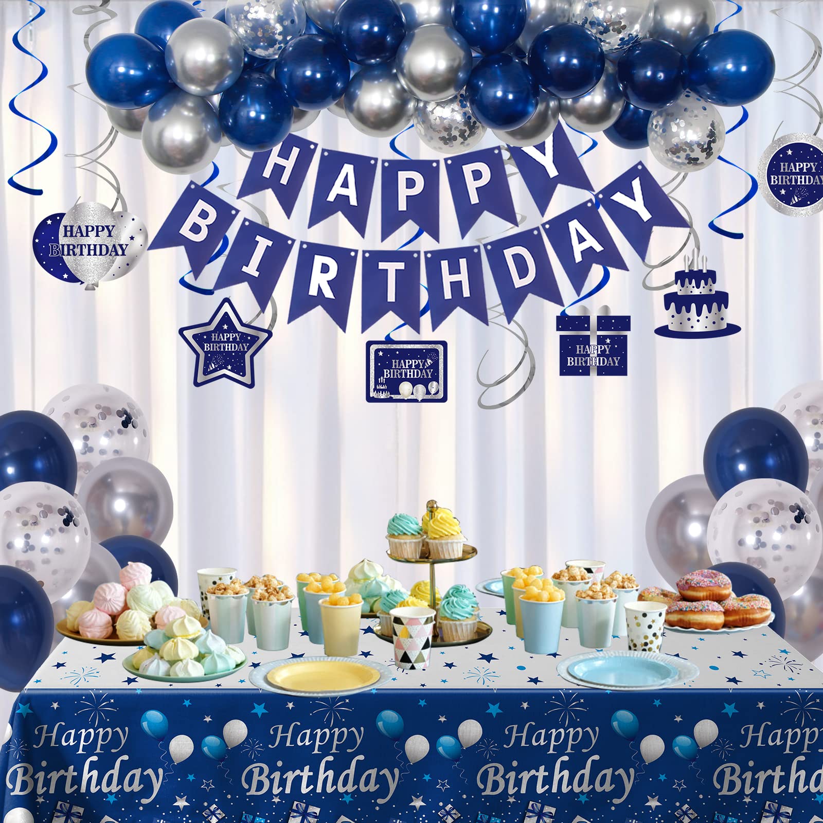 Blue and Silver Birthday Party Decorations for Men & Women - Happy Birthday Banner, Balloons, Tablecloths & Hanging Swirls - Perfect for Boys & Girls Birthday Celebrations at Home or Events