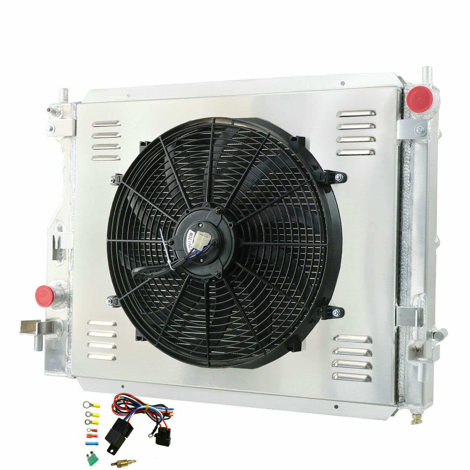 4-Row Aluminum Radiator with Fan Shroud & Relay Kit - Compatible with 2005-2013 Ford Mustang GT/Base/V6/V8 (3.7L 4.6L 5.0L) - High-Performance Cooling Upgrade for Street Racing & Daily Driving