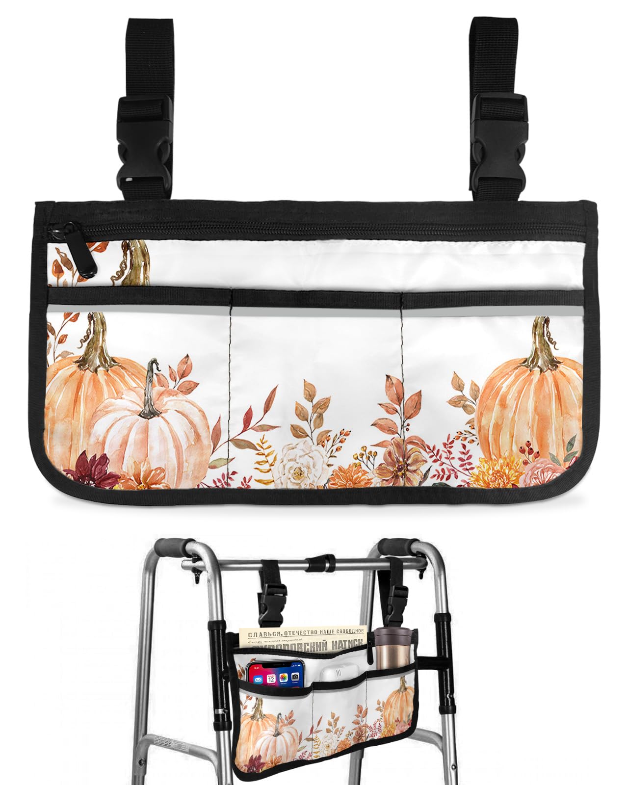 Pink Pumpkin Floral Wheelchair Side Storage Bag with Cup Holder & Reflective Strip - Fall Thanksgiving Armrest Organizer Pouch for Wheelchairs, Walkers and Rollators - Perfect for Outdoor Activities, Daily Use and Holiday Gatherings