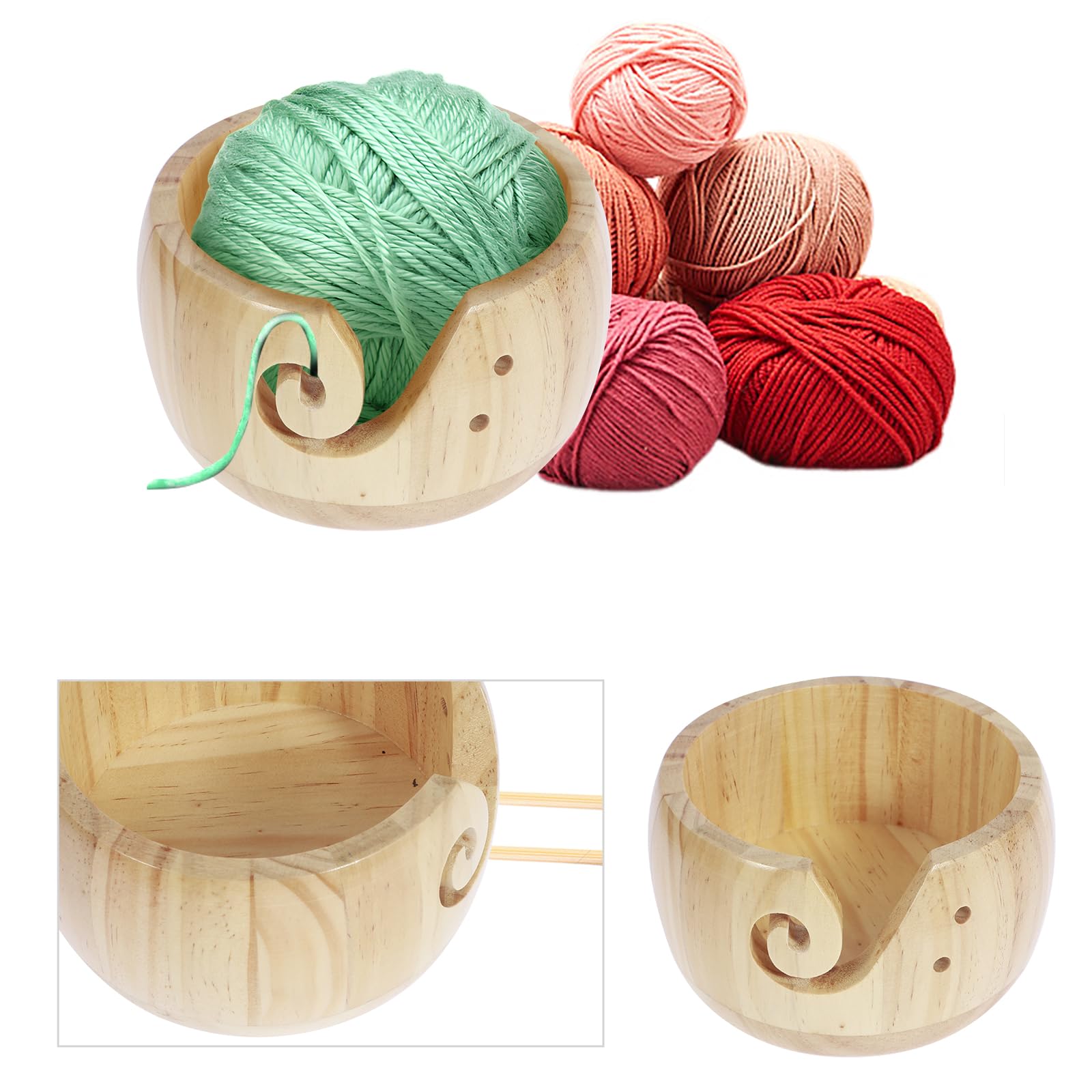 Premium Wooden Yarn Bowl for Knitting & Crocheting - Natural Pine Yarn Holder with Carved Holes, 5.9