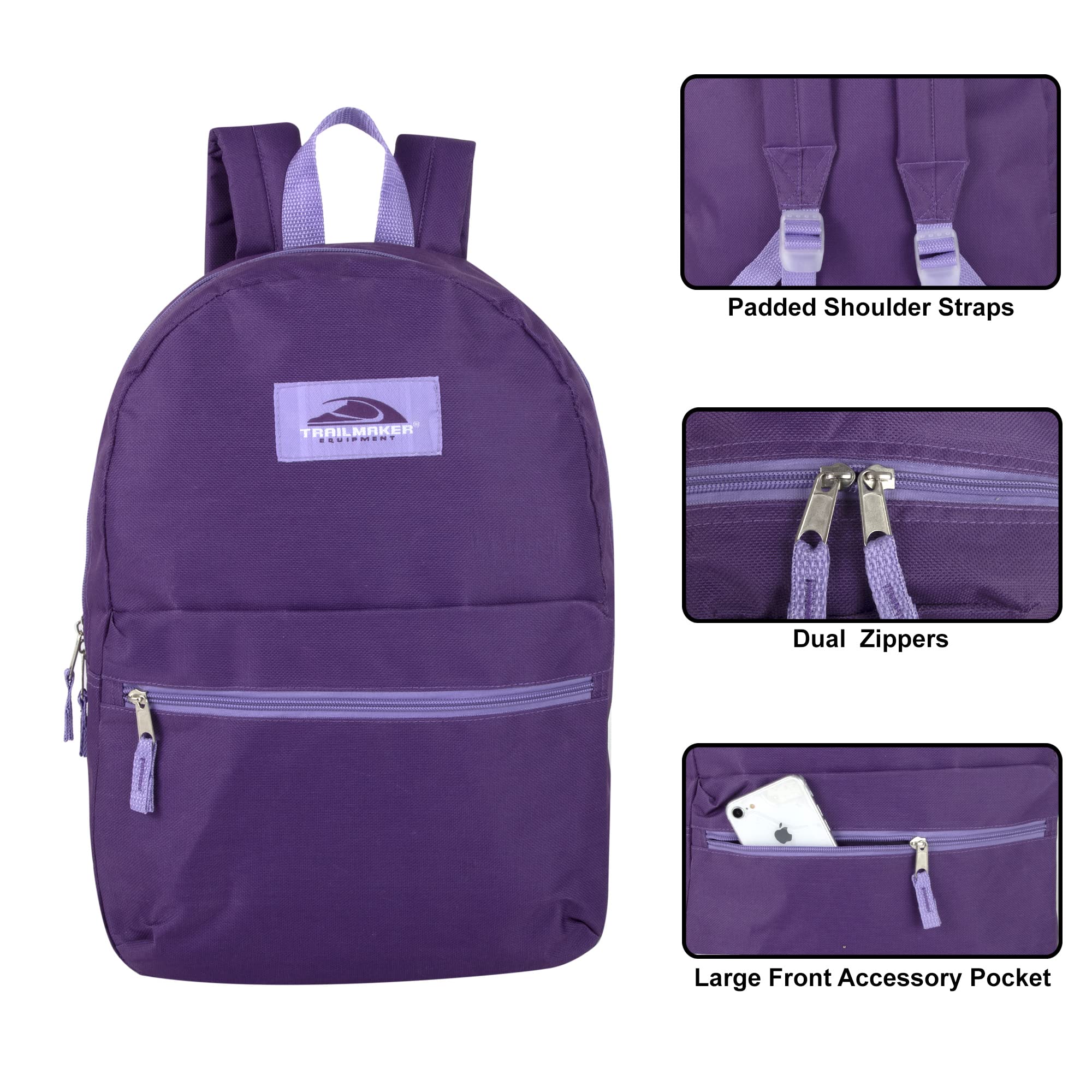 Trail Maker Classic 17 Inch Hiking Backpack with Adjustable Padded Shoulder Straps - Lightweight Durable Daypack for Outdoor Adventures, Travel & School (Purple)