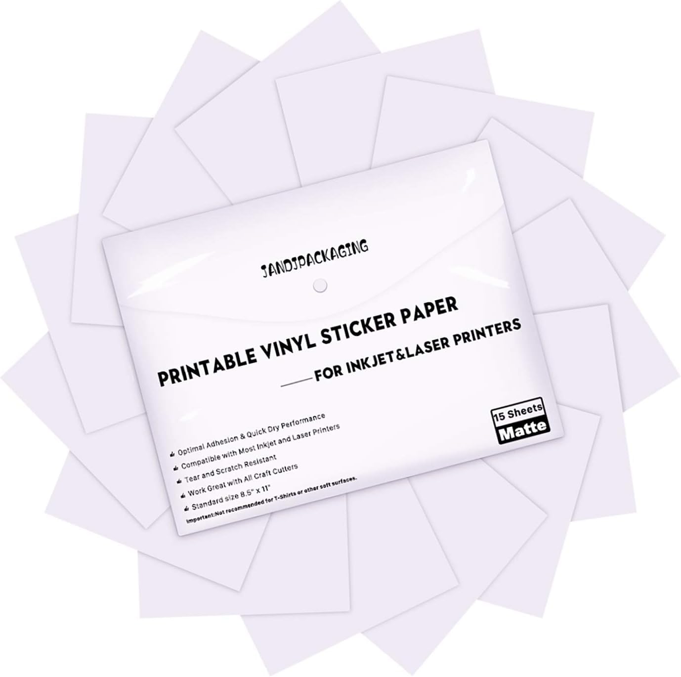 JANDJPACKAGING Printable Vinyl Sticker Paper - Waterproof Laser & Inkjet Printer Vinyl - 15 Self-Adhesive Matte White Sheets - 8.5x11 Letter Size - Perfect for DIY Labels, Decals & Craft Projects