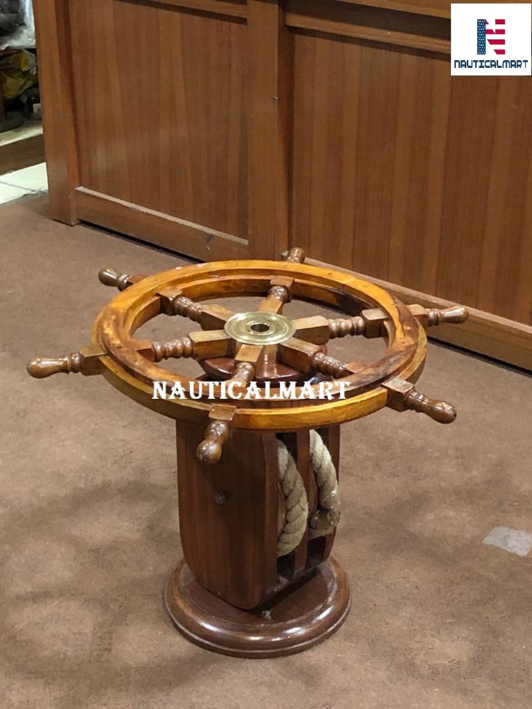 Nautical Ship Wheel Coffee Table with Rope Base - 36