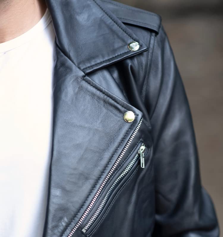 Premium Genuine Leather Biker Jacket for Men - Black Motorcycle Jacket with Notch Lapel & Zipper Cuffs | Stylish Outerwear for Riding, Casual Wear & Night Out