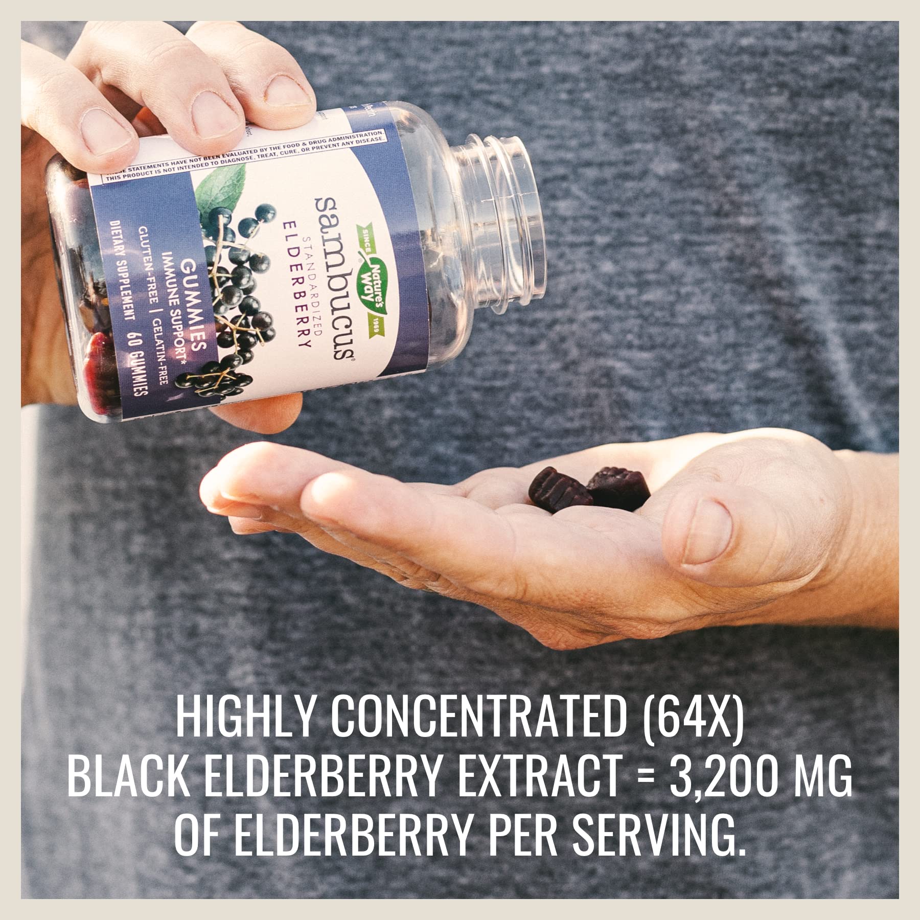 Nature’s Way Sambucus Elderberry Gummies for Adults & Kids - Immune Support Supplement with Delicious Berry Flavor, 60 Count - Perfect for Cold Season & Daily Wellness Boost