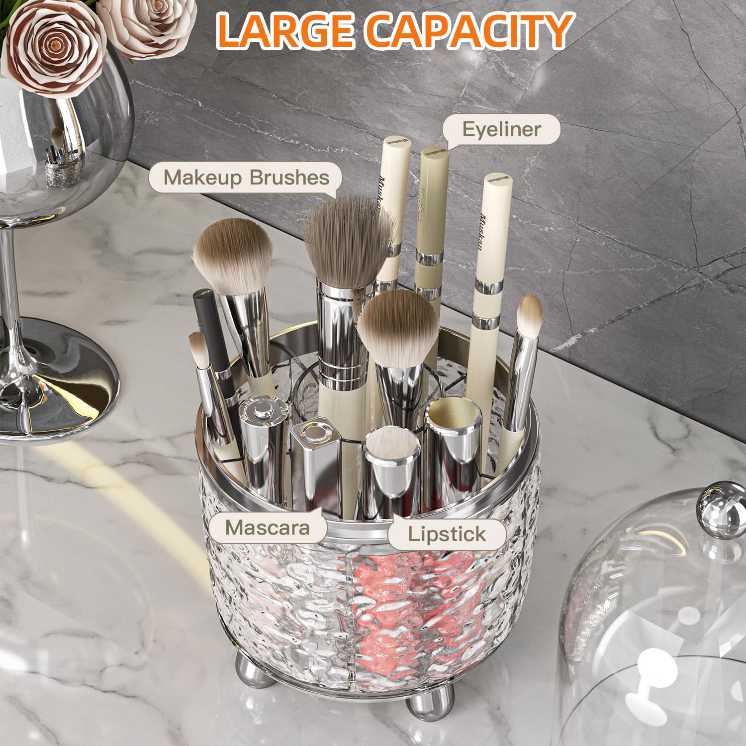 360° Rotating Makeup Brush Holder with Lid - Dustproof Cosmetic Organizer for Vanity | Clear Acrylic Makeup Brush Storage | Perfect Gift for Women, Girlfriend, Wife | Great for Home, Travel & Professional Makeup Artists
