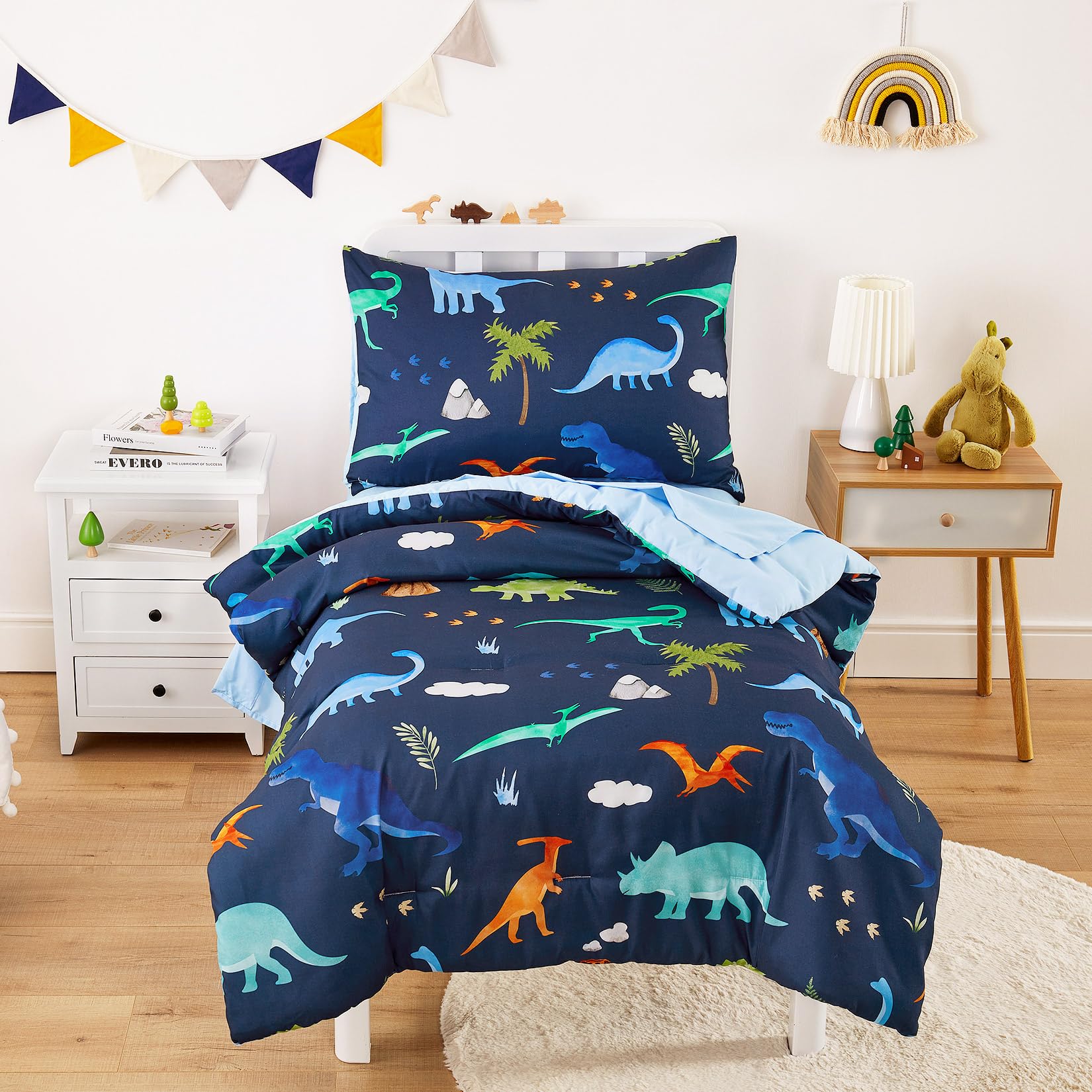 Wake In Cloud - 4-Piece Soft Toddler Bedding Set for Boys, Dinosaur & Volcano Theme, Navy Blue - Includes Comforter, Fitted Sheet, Flat Sheet & Pillowcase - Perfect for Nursery, Daycare or Kids' Room Decor