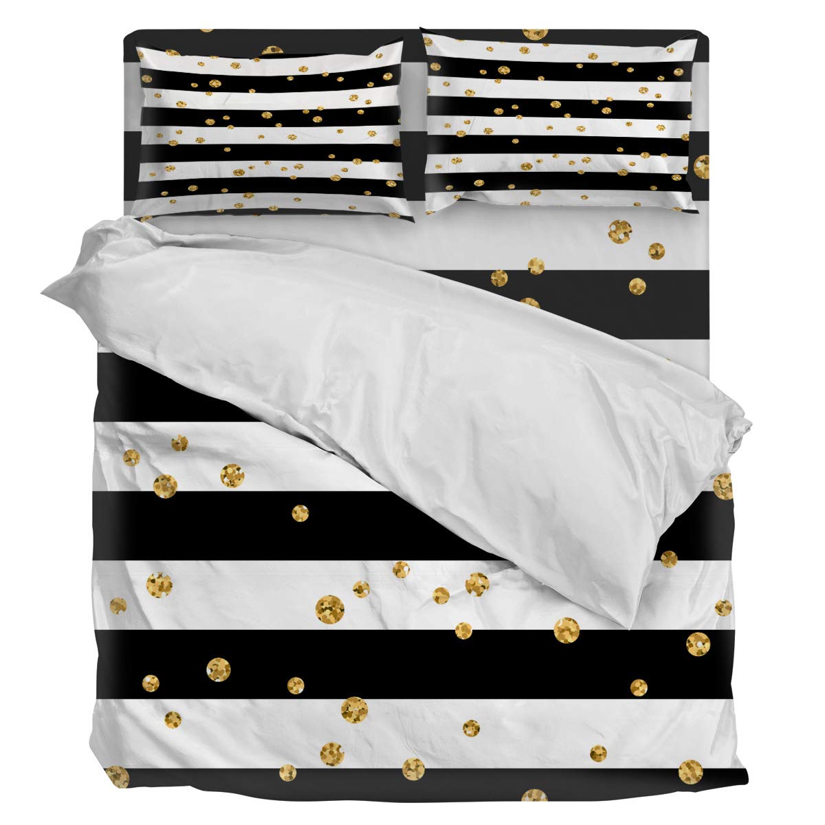Luxury 4-Piece King Size Duvet Cover Set - Black & White Stripe Polka Dot Design, Soft & Breathable Bedding (1 Duvet Cover + 1 Fitted Sheet + 2 Pillowcases) for Master Bedroom, Guest Room & Dorm Decor