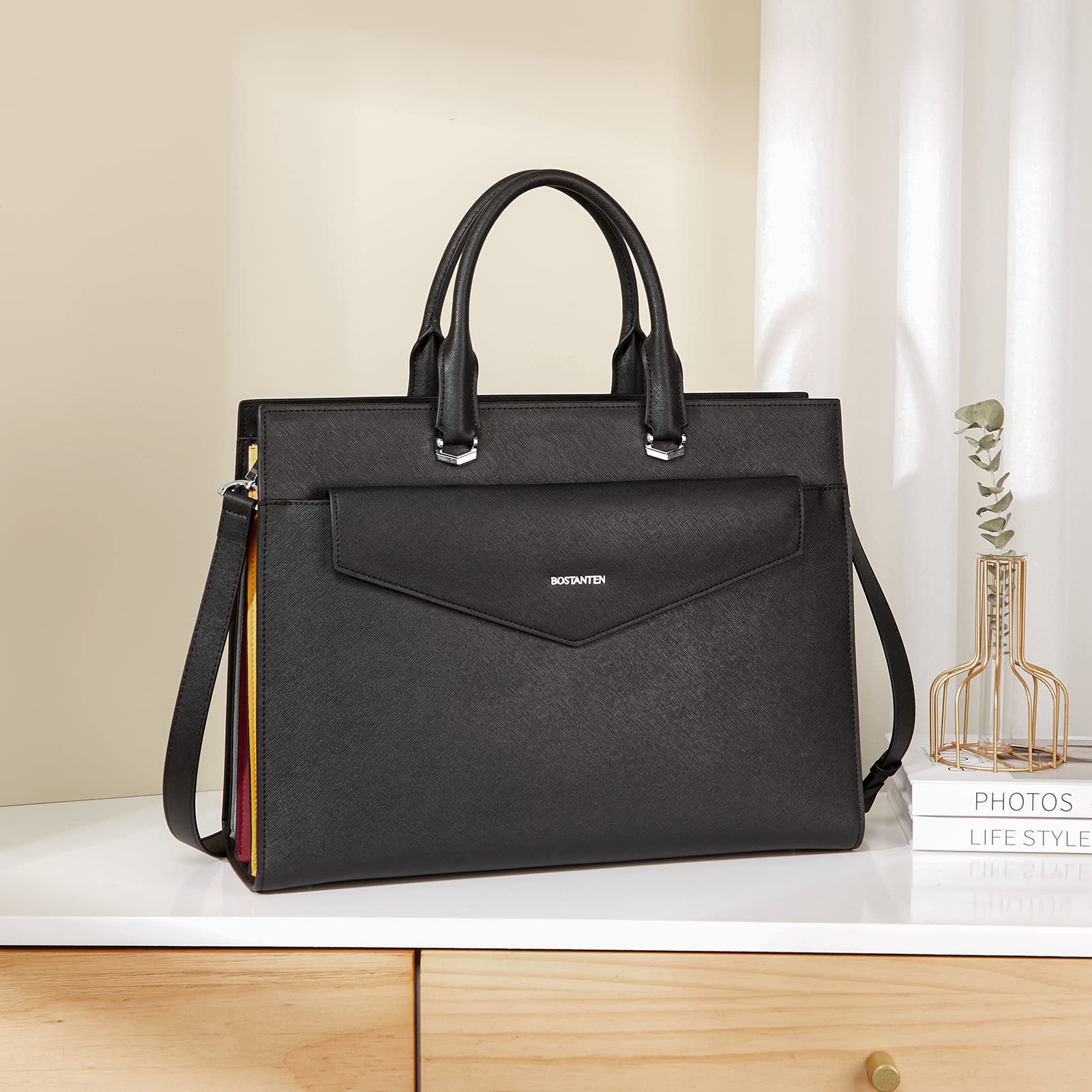 BOSTANTEN Women's 15.6 Inch Genuine Leather Laptop Briefcase Tote Bag - Professional Work Bag for Business Office & Travel, Beige