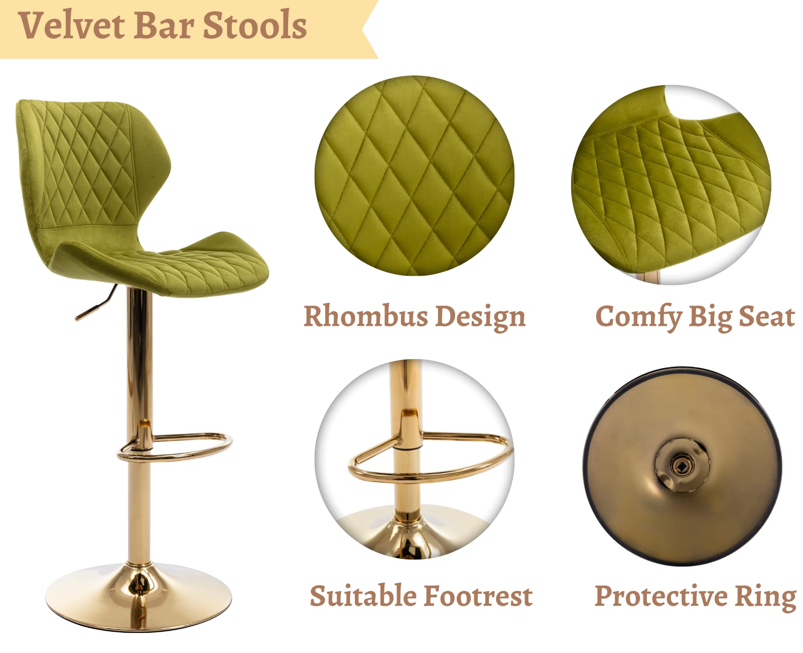 EALSON Velvet Bar Stools Set of 4 - Modern Swivel Counter Height Bar Chairs with Back & Gold Base - Adjustable Kitchen Island Stools for Home Bar, Dining Room, Restaurant & Cafe - Green Velvet Upholstery