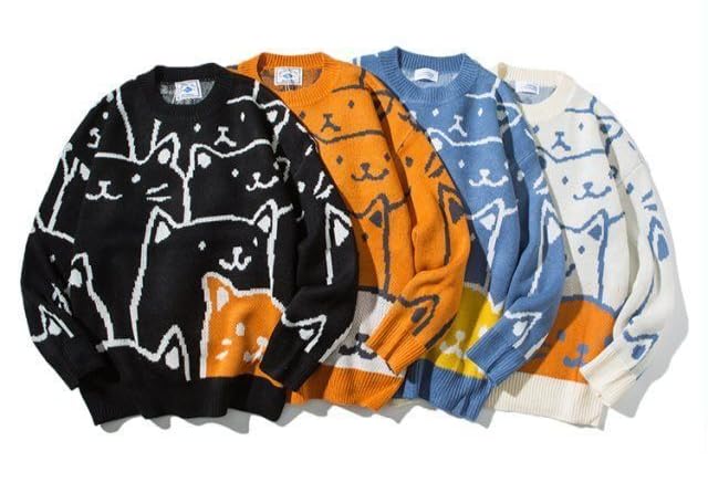Japanese Gothic Cat Graphic Men's Grandpa Sweater - Emo Alt Crew Neck Knit Long Sleeve Top | Y2K Fashion for Streetwear, Cosplay & Alternative Clothing