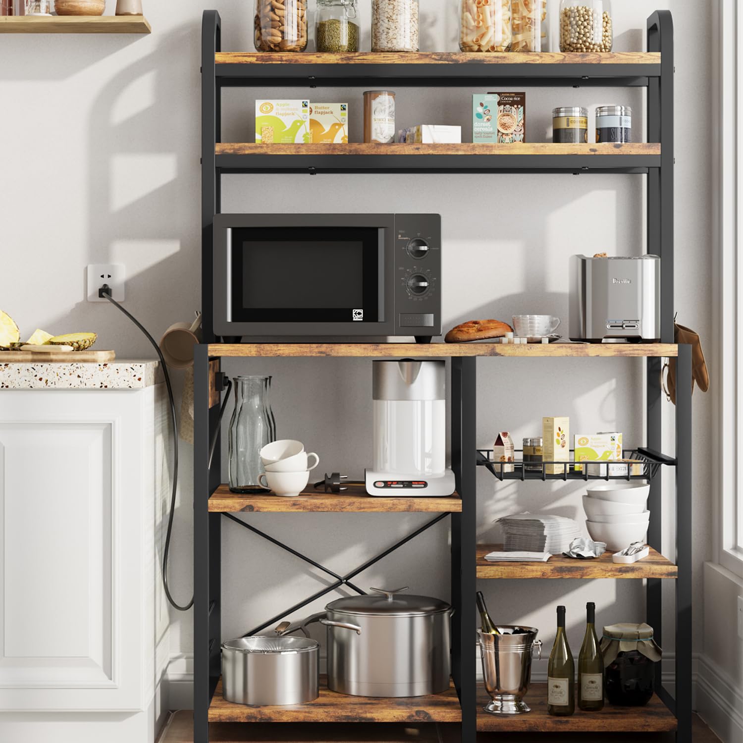 GAOMON 6-Tier Bakers Rack with Power Outlet & Wire Baskets - Large Kitchen Storage Shelf with Microwave Stand, Rustic Brown Utility Shelf for Dining Room & Living Room | Perfect for Small Spaces, Apartment Organizing & Home Decor