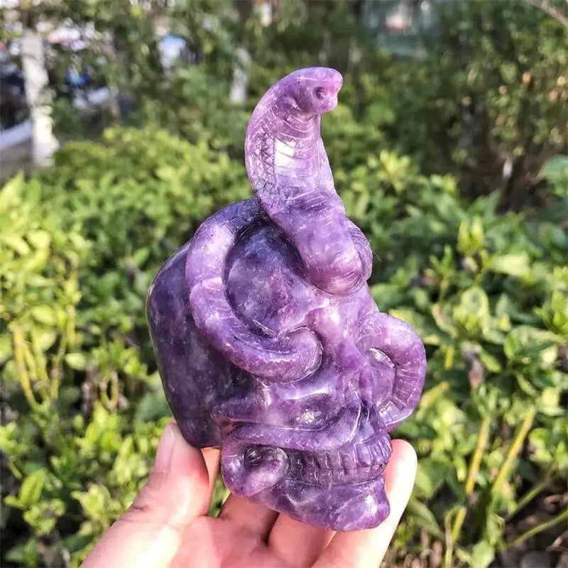 11CM Natural Lepidolite Snake Skull Crystal Carving - Healing Stone for Meditation, Witchcraft & Home Decor - Unique Christmas Gift for Spiritual Practitioners (1pc)