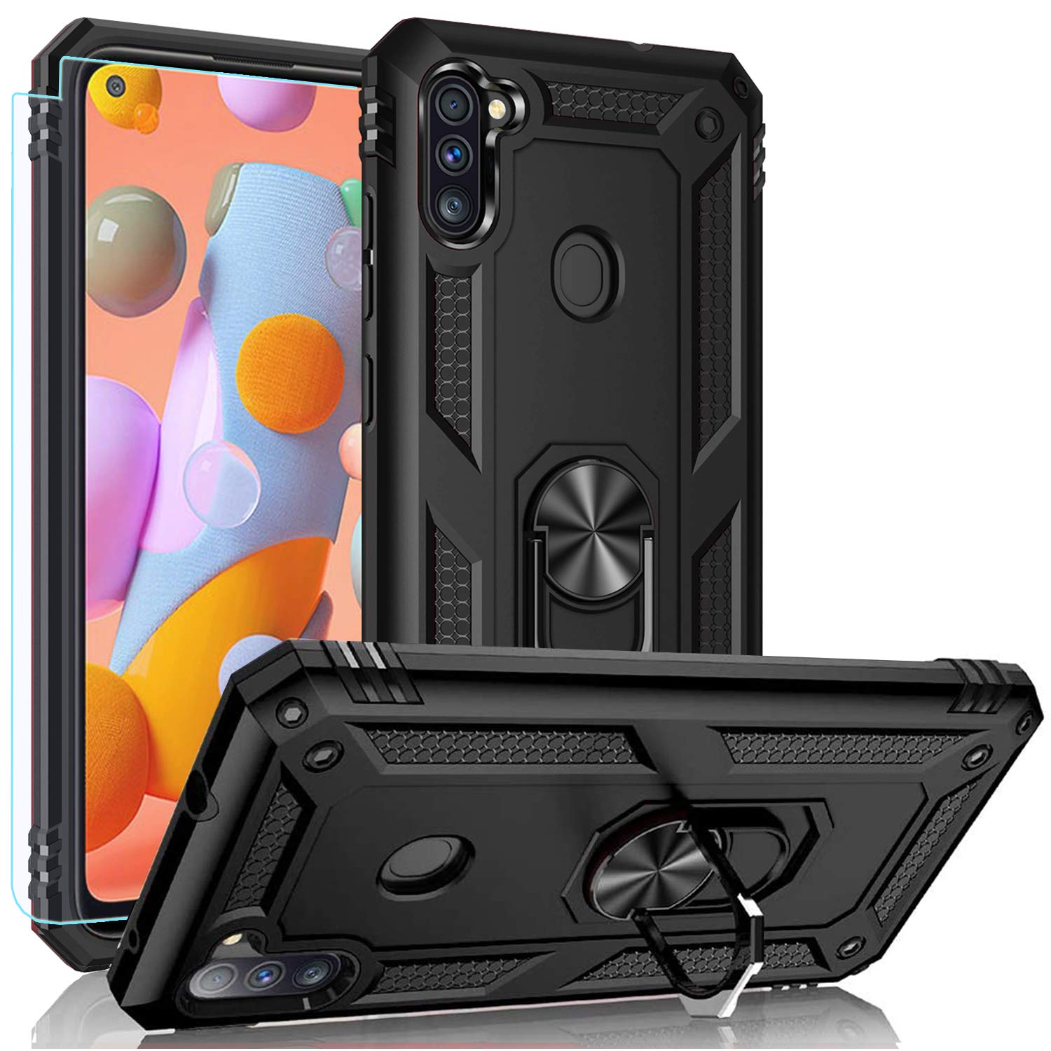 Samsung Galaxy A11 Case - Military Grade Heavy Duty Armor Protection Phone Cover with HD Screen Protector & Magnetic Ring Kickstand | Shockproof, Drop Proof | Perfect for Outdoor, Work, Travel (Black)