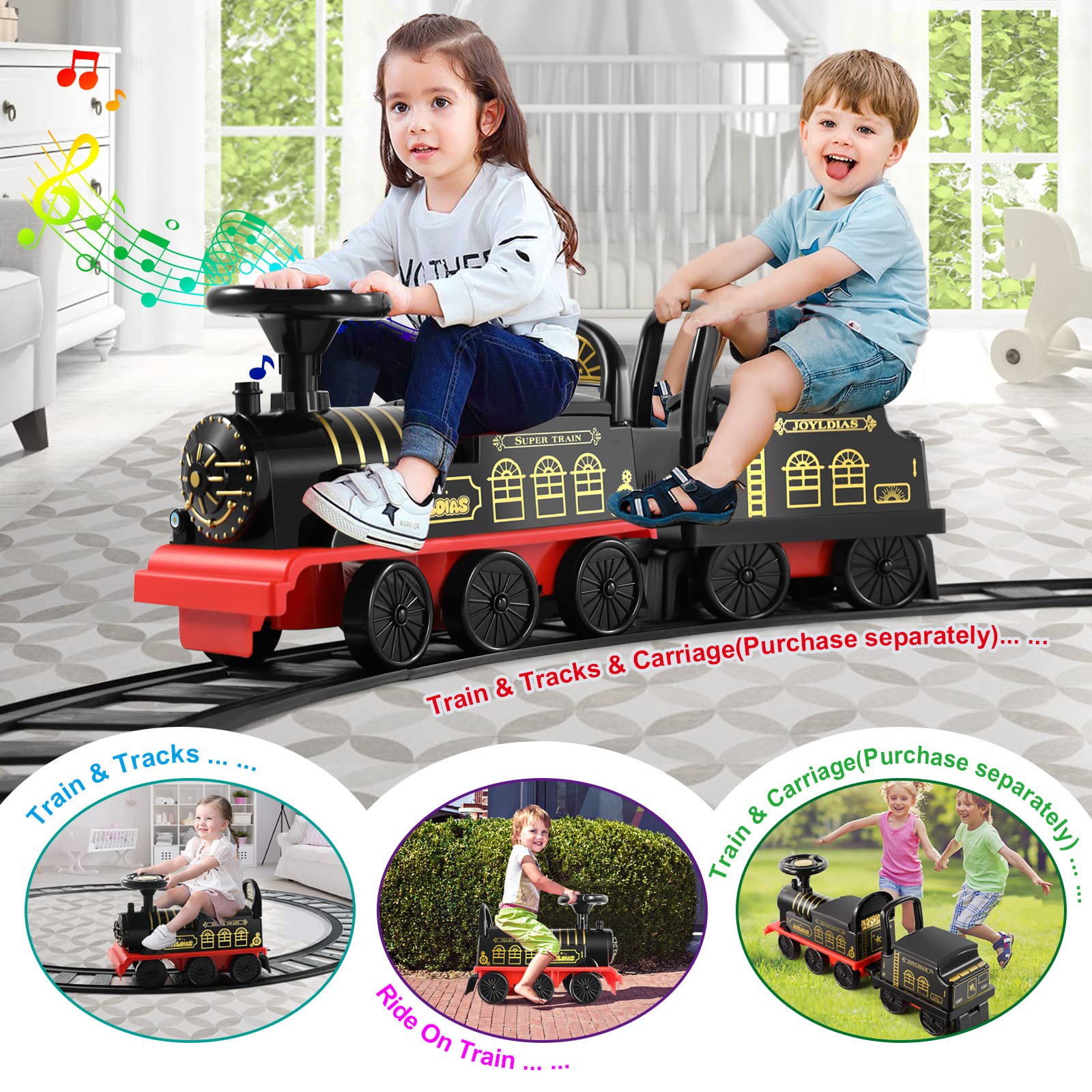 JOYLDIAS 3-in-1 Electric Ride On Train Toy for Kids with 16pcs Curved Tracks, Lights & Horns - 6V Battery Powered Toddler Train with Storage & Retractable Foot Pedals - Perfect Indoor/Outdoor Play for Children Under 39 Inches (Black)