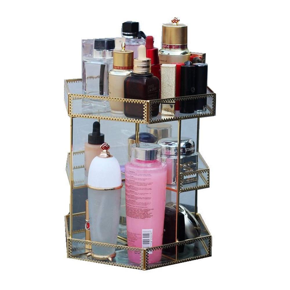 Rotating Glass Makeup Organizer - Golden Cosmetic Storage Box with Lipstick Rack for Dressing Table | Elegant Desktop Finishing Frame (Gold, One Size) | Perfect for Vanity Organization & Beauty Product Display