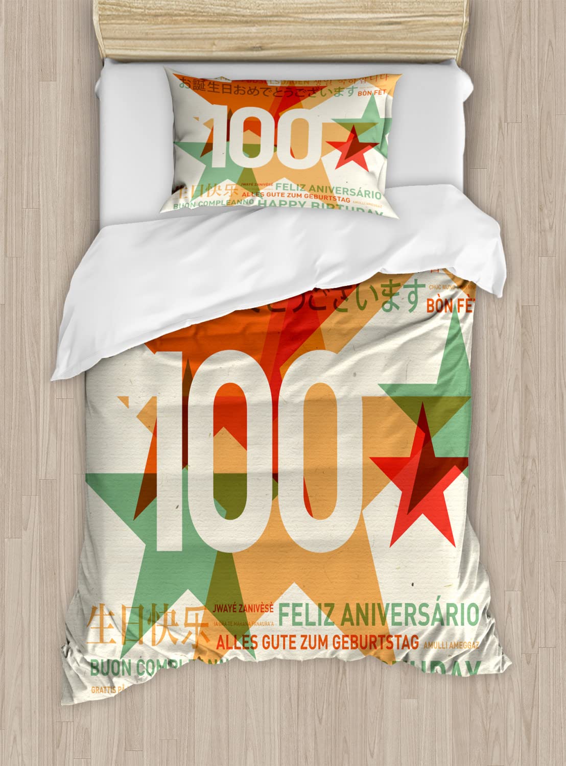 Ambesonne 100th Birthday Duvet Cover Set - Twin Size 2-Pack with Abstract World Languages Design in Pale Green & Vermilion | Includes 2 Duvet Covers & 2 Pillowcases | Perfect for Birthday Celebrations, Guest Bedrooms & Themed Decor