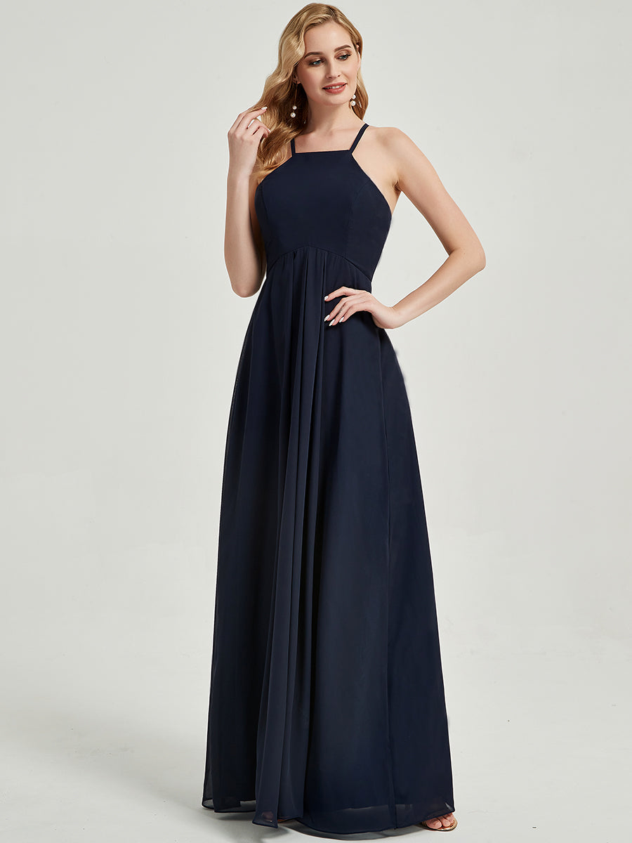 Elegant Dark Navy Halter Sleeveless Empire Waist Pleated Backless Chiffon Bridesmaid Dress for Wedding Party, Formal Occasions & Special Events
