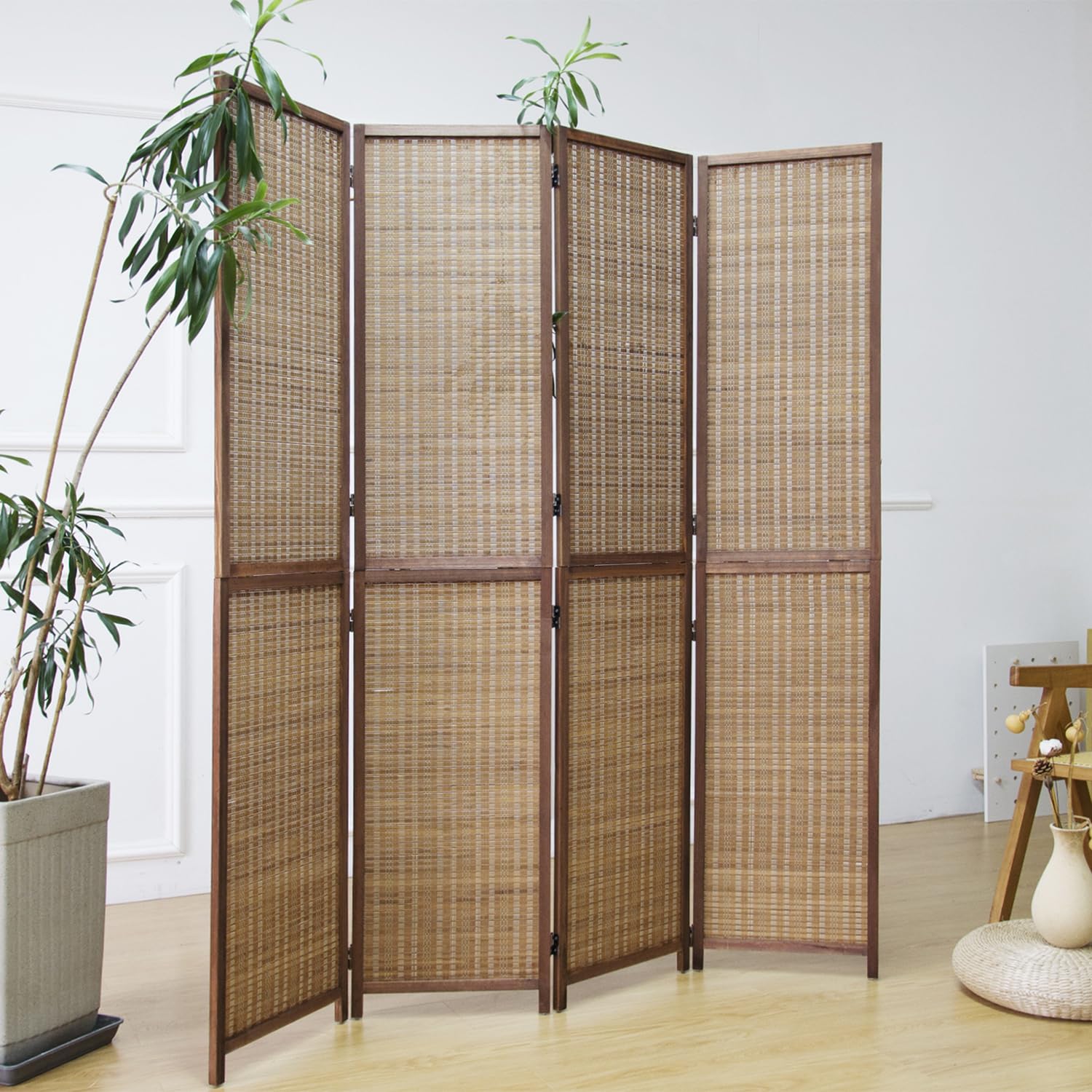 4 Panel Bamboo Room Divider - Foldable & Detachable Folding Screen for Home & Office (67