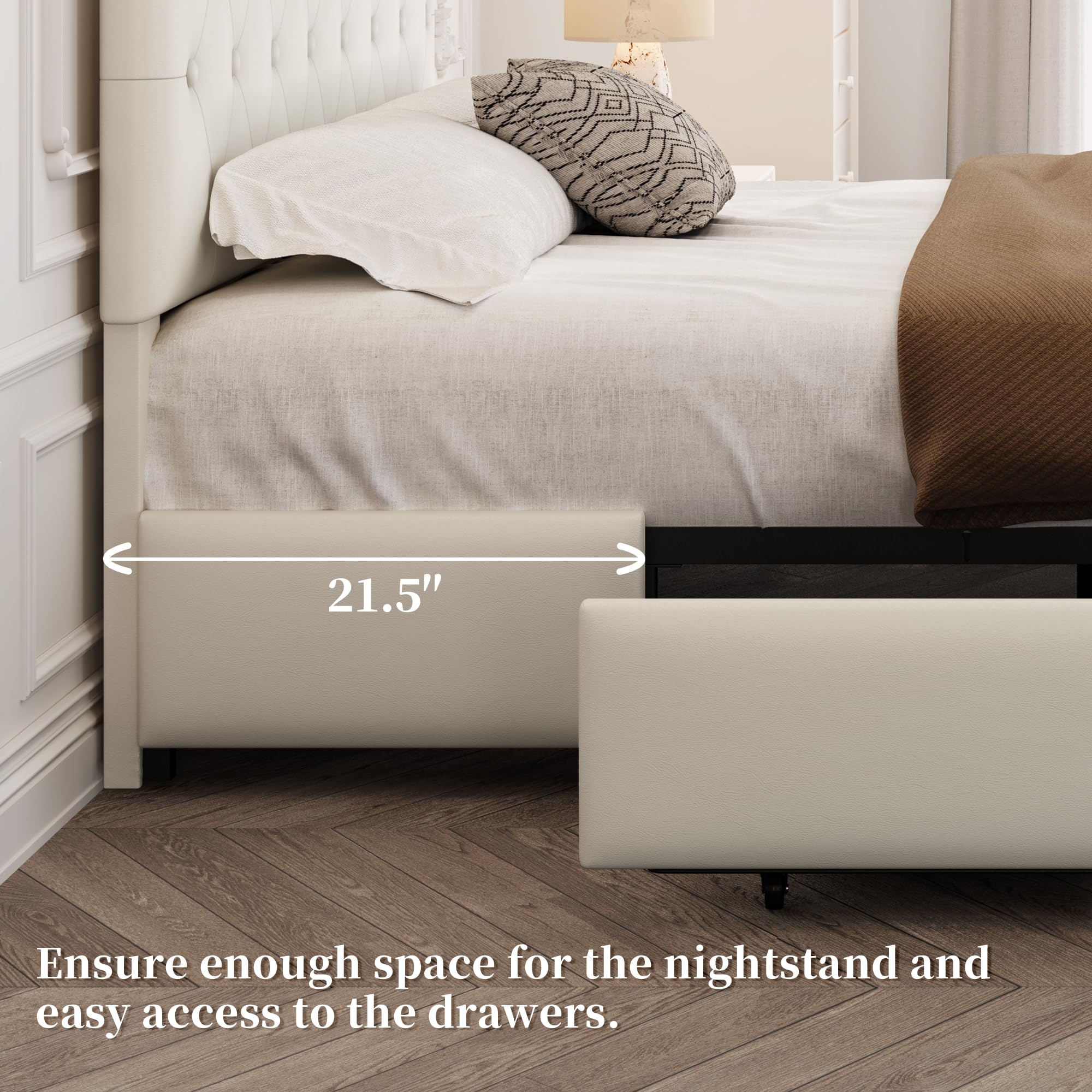 Yaheetech Queen Upholstered Bed Frame with Adjustable Diamond Button-Tufted Headboard & 3 Storage Drawers - Sturdy Wood Slat Support, Beige Platform Bed for Bedroom, Guest Room or Dorm