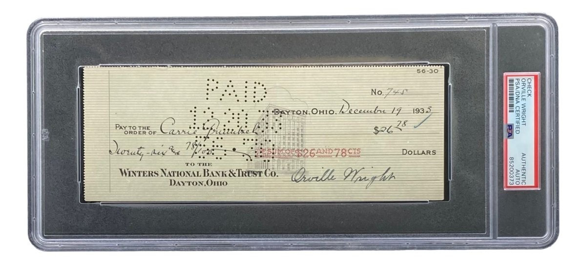 Authentic Orville Wright Signed Bank Check - PSA/DNA Certified 85200373 - Rare Aviation Memorabilia for Collectors & History Enthusiasts - Perfect for Display in Museums, Offices, or Private Collections