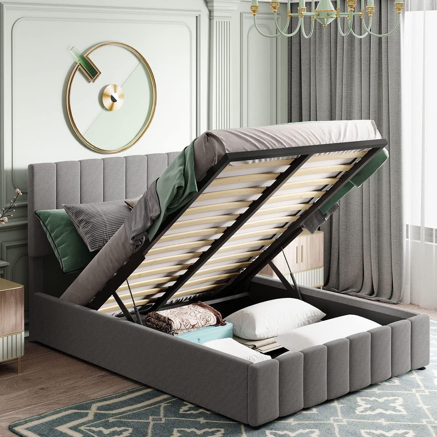 Harper & Bright Designs Full Size Upholstered Lift-Up Storage Bed with Tufted Headboard - Wooden Platform Bed Frame with Underbed Storage for Kids, Teens & Adults - Perfect for Small Bedrooms, Guest Rooms & Dorm Rooms (Full Size, Gray)