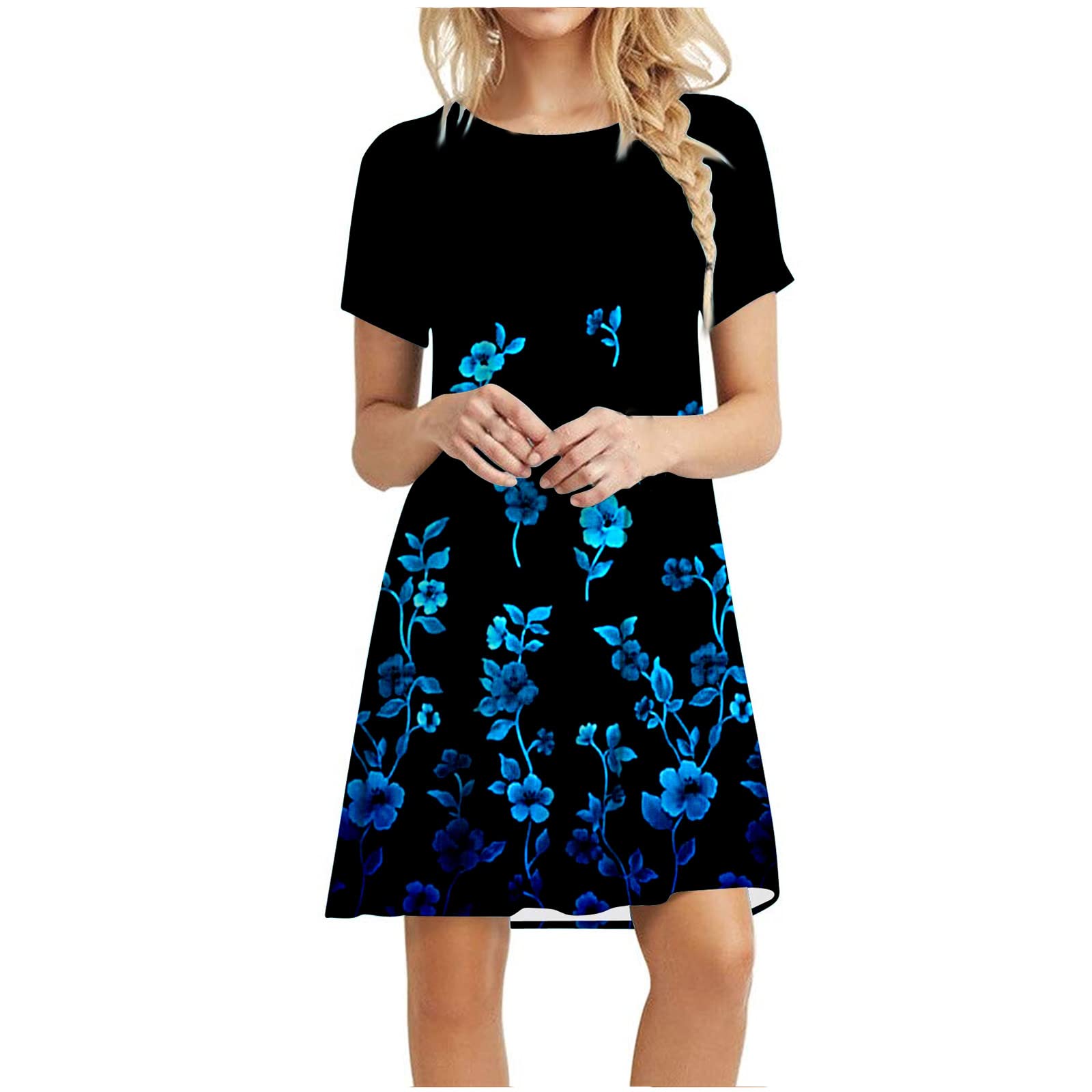 Women's Floral Print Summer Dress - Short Sleeve Swing Sundress, Casual Loose Flowy Mini Dress for Beach, Seaside Vacation, Party & Outdoor Date Night
