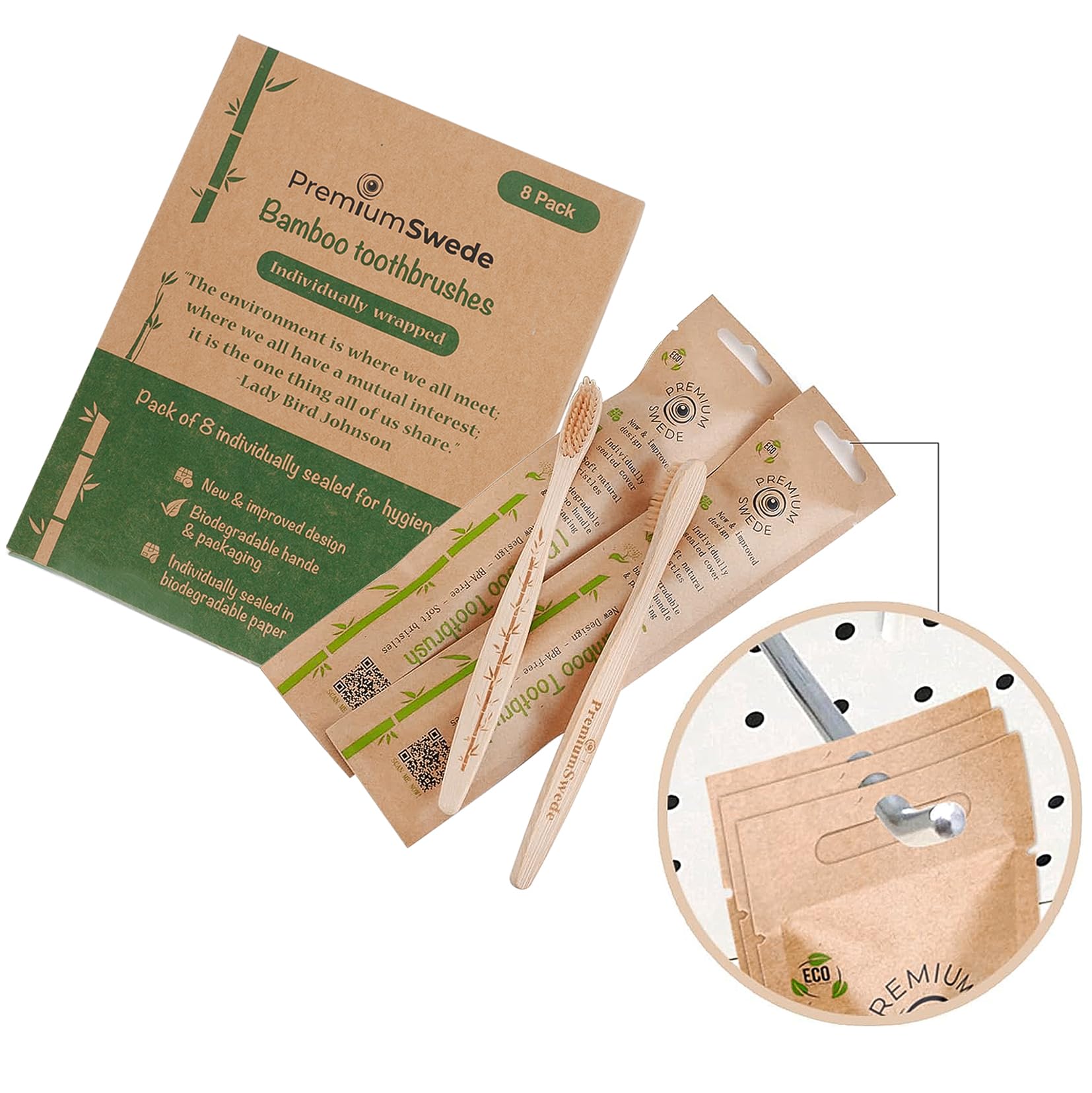 Eco-Friendly Bamboo Toothbrushes for Adults - 8 Pack Soft Bristles, Biodegradable & Individually Wrapped - Natural Wooden Toothbrush for Sensitive Teeth - Perfect for Travel, Home & Zero Waste Lifestyle