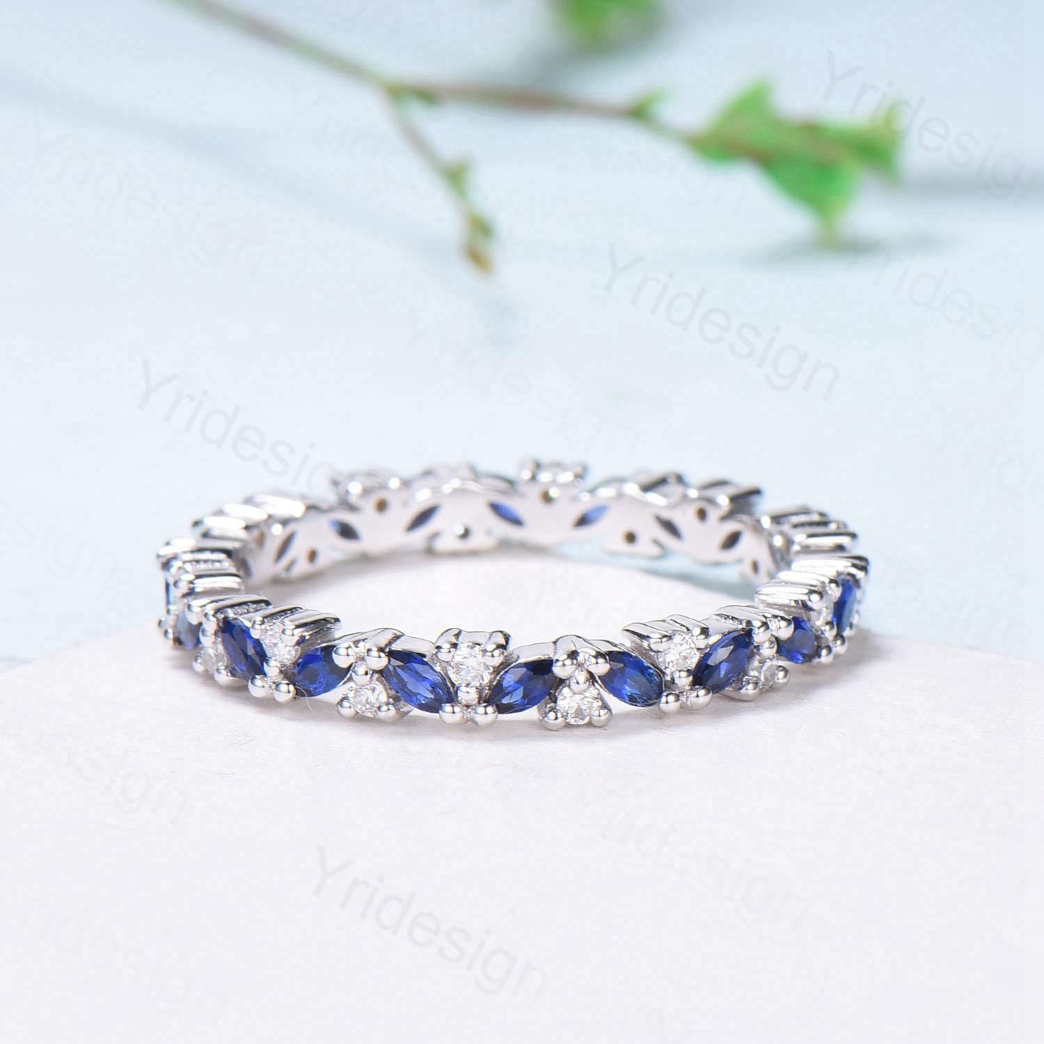 14K Rose Gold Marquise Cut Sapphire Eternity Wedding Band for Women - Stackable Promise Ring, Anniversary Gift for Her - Perfect for Bridal Sets, Engagements & Special Occasions