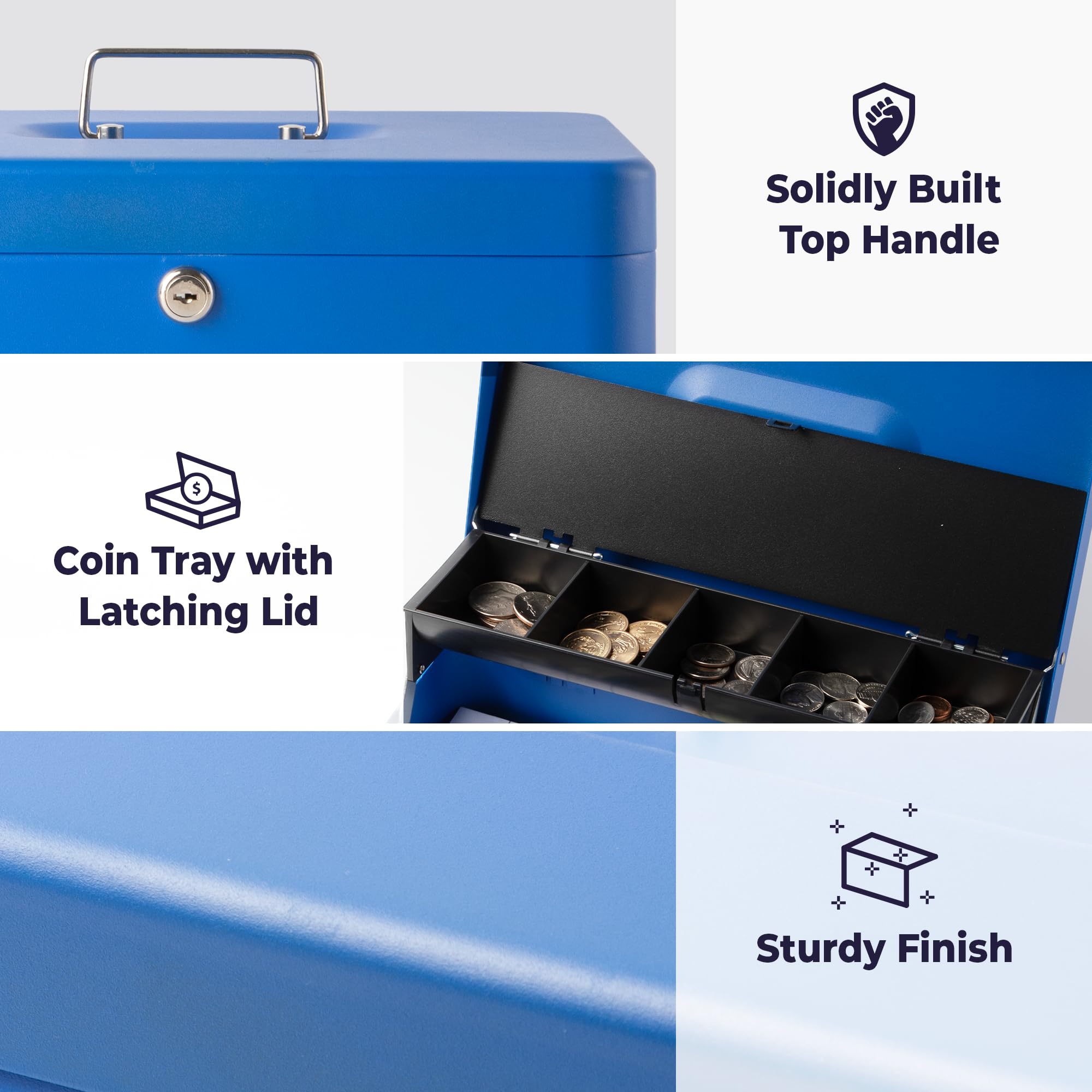 Volcora Large Cash Box with Key Lock - Heavy Duty Metal Money Safe Box for Cash & Valuables | Portable Locking Safe with Money Tray | Durable Cash Organizer for Yard Sales, Garage Sales, Small Business & Home Use | Secure Money Storage Solution (Blue)
