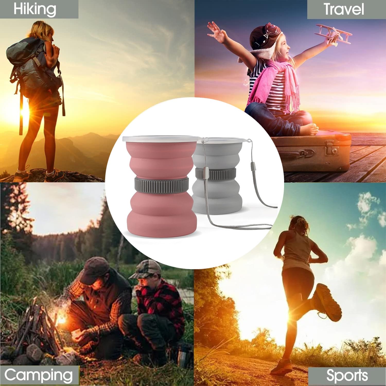 Collapsible Travel Cup 10.5oz - Foldable Silicone Cup with Lid for Camping, Hiking, Backpacking & Outdoor Adventures - Portable Leakproof Mug for Coffee, Tea & Drinks - Perfect for Travel, Picnics & Road Trips (Pink & Gray)