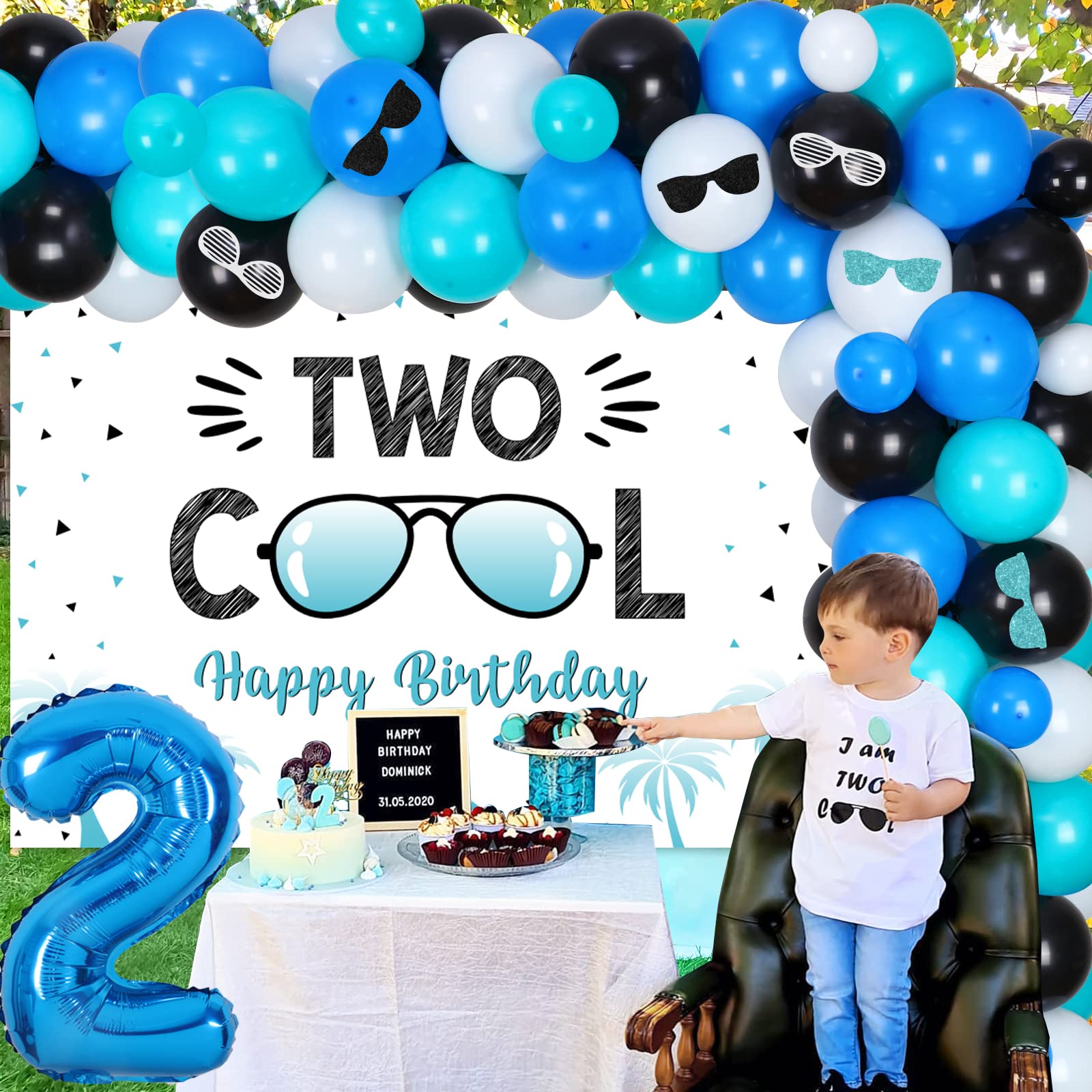 Two Cool 2nd Birthday Party Decorations for Boys - Balloon Garland Kit, Sunglasses Theme Backdrop & Number 2 Foil Balloons | Perfect for Toddler Birthday Celebrations, Photo Booth Backdrops and Themed Party Decor