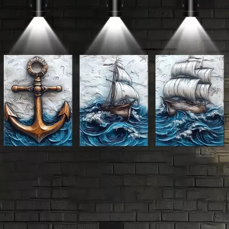 3-Piece Vintage Abstract Sailing & Anchor Wall Art Set - Framed Canvas 50x70cm (20x28in) - High Quality Print - 100% Australian Made - Ready to Hang - Perfect for Living Room, Bedroom or Office Decor