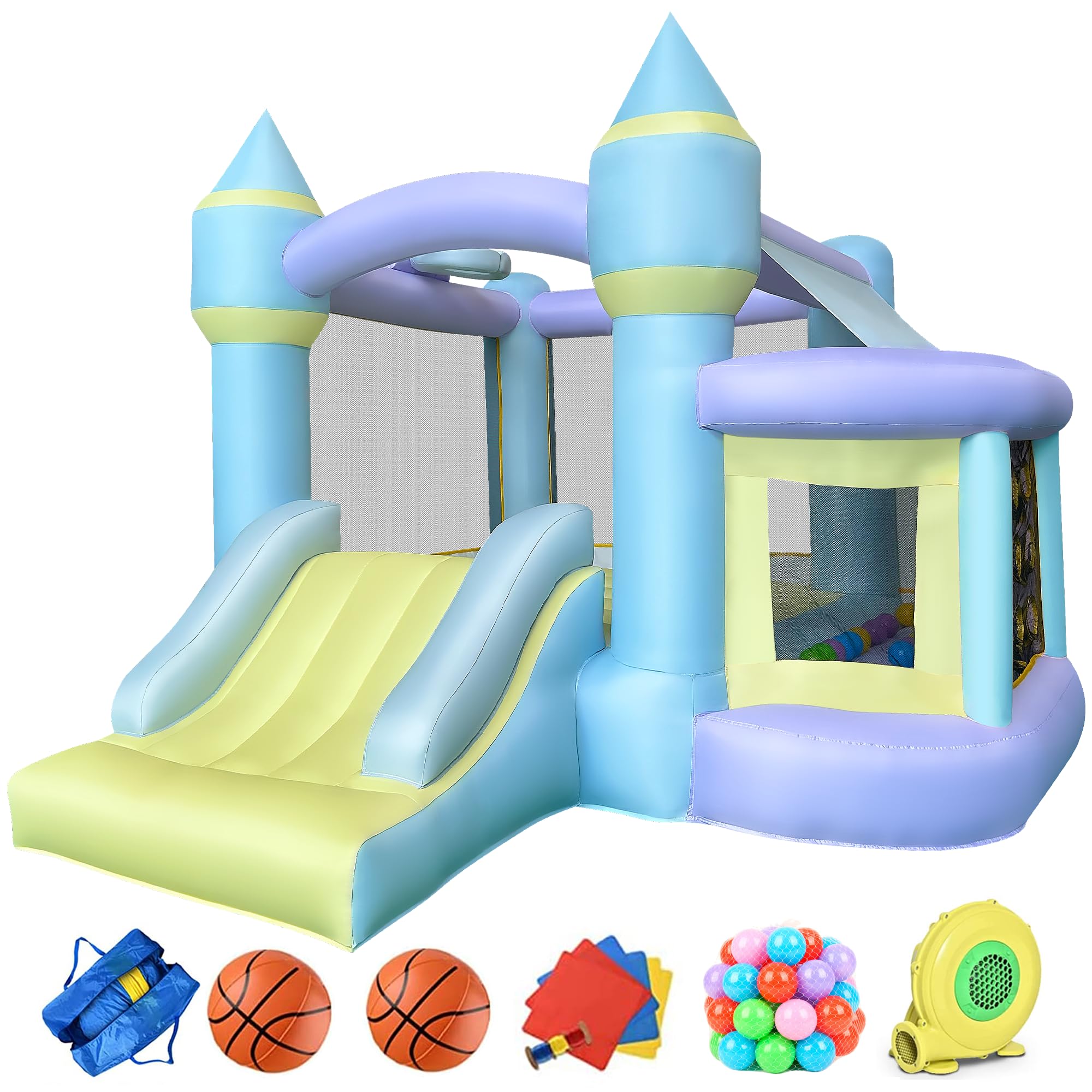 **RETRO JUMP Inflatable Bounce House for Kids - Bouncy Castle with Slide, Ball Pit, Basketball Rim, Blower Included | Indoor/Outdoor Play, Birthday Parties, Backyard Fun (Includes Balls, Storage Bag, Patch Kit, Stakes)**