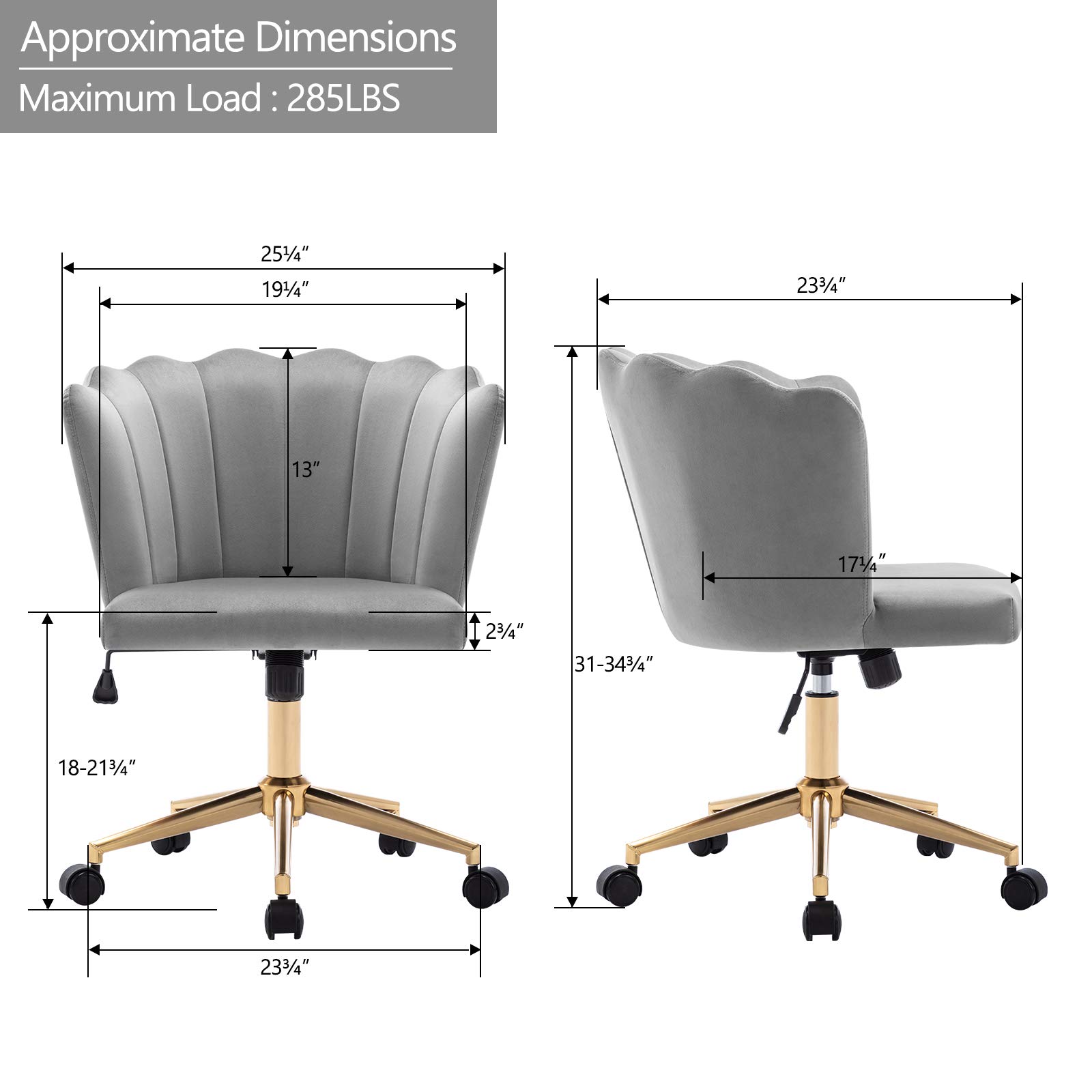 DUHOME Modern Velvet Fabric Office Chair - Adjustable Swivel Desk Chair with Gold Base for Home & Workspace | Grey Accent Chair for Comfortable Working & Studying