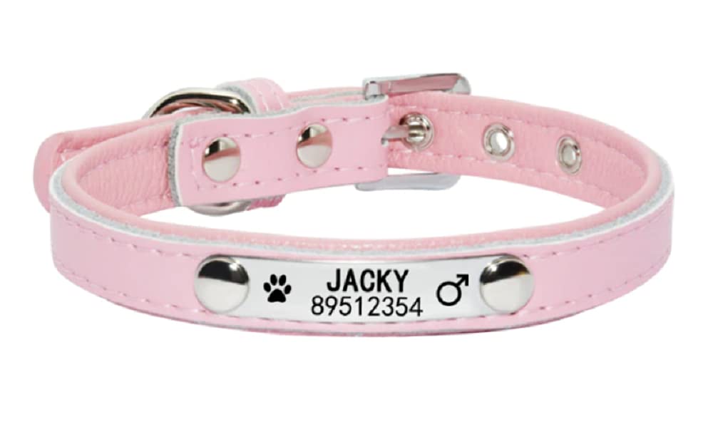 Personalized Engraved Dog Collar - Custom Name Tag Pet Collar for Small Medium Large Dogs | Soft Leather Puppy Cat Collar with ID Nameplate (XS, Pink) | Perfect for Daily Walks, Training & Pet Identification