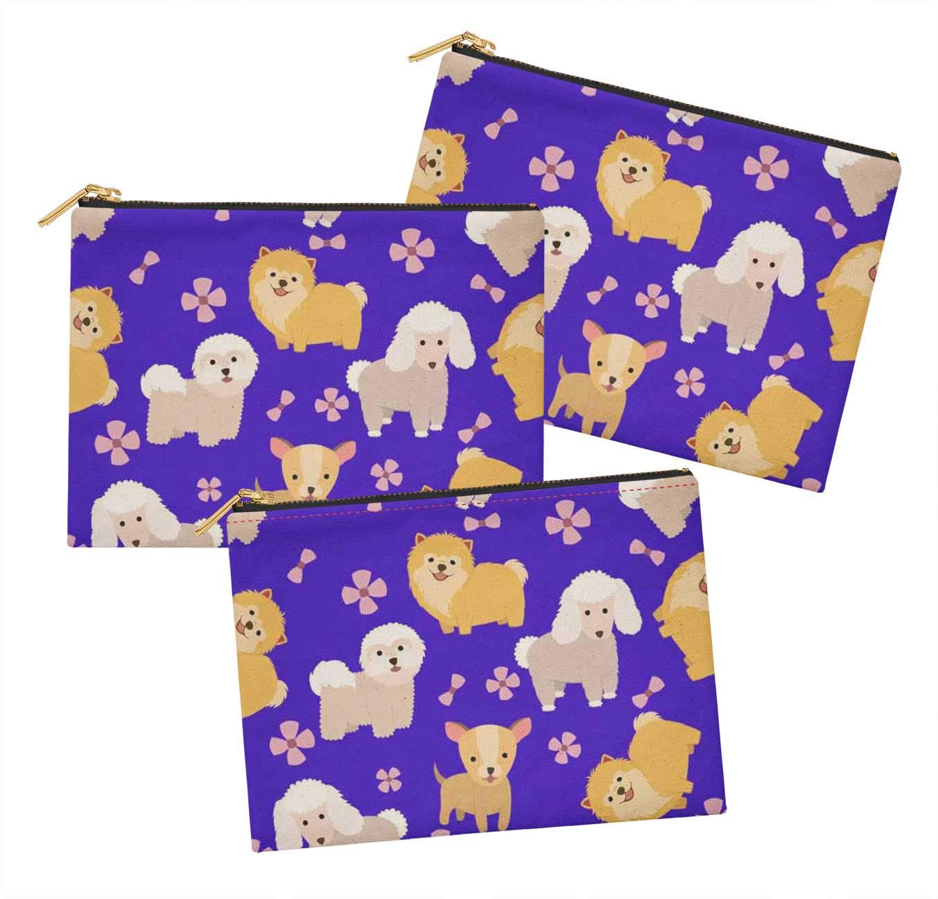 Stylish Blue Dog Print Cosmetic Bag Set of 3 - 6x8 Inch Makeup Pouch, Coin Purse & Toiletry Organizer - Perfect for Travel, Gym & Daily Essentials Storage