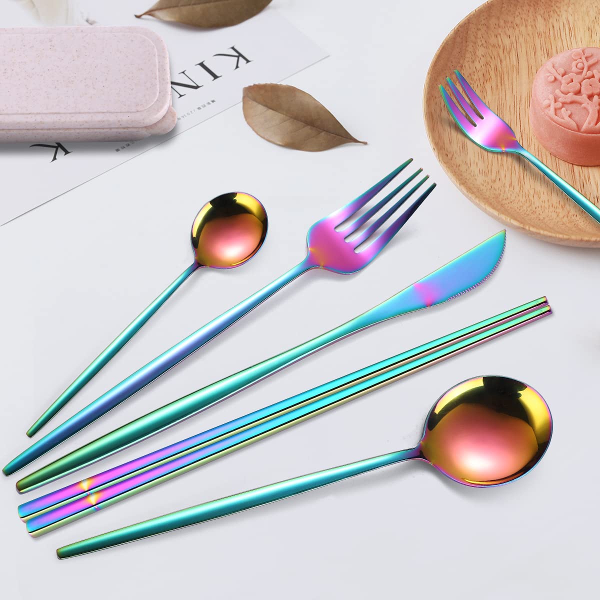 Rainbow 8-Piece Stainless Steel Travel Cutlery Set with Chopsticks & Cleaning Brush - Perfect for Camping, Picnics & Office Lunch