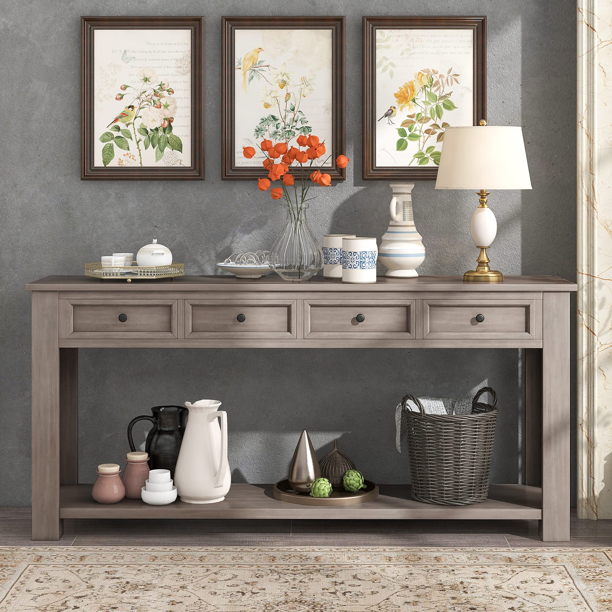 P PURLOVE Gray Wash Console Table with Storage Drawers & Bottom Shelf - Entryway Hallway Sofa Table for Living Room, Bedroom & Home Decor