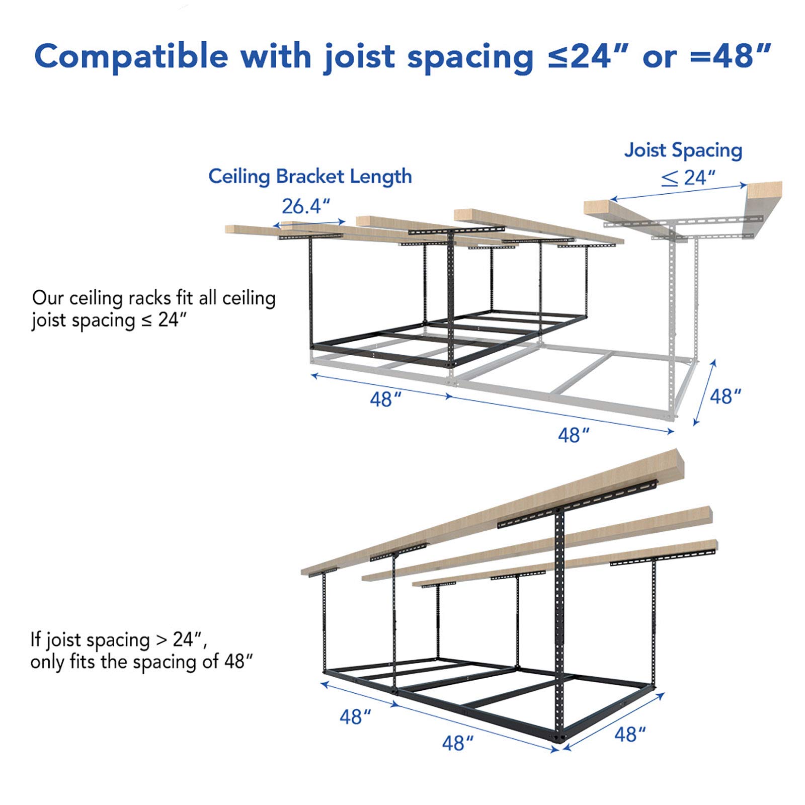 FLEXIMOUNTS 4x8 Overhead Garage Storage Rack - Heavy Duty Metal Ceiling Storage System Without Decking, 600lbs Capacity, Black - Perfect for Garage Organization, Attic Storage & Home Clutter Solutions