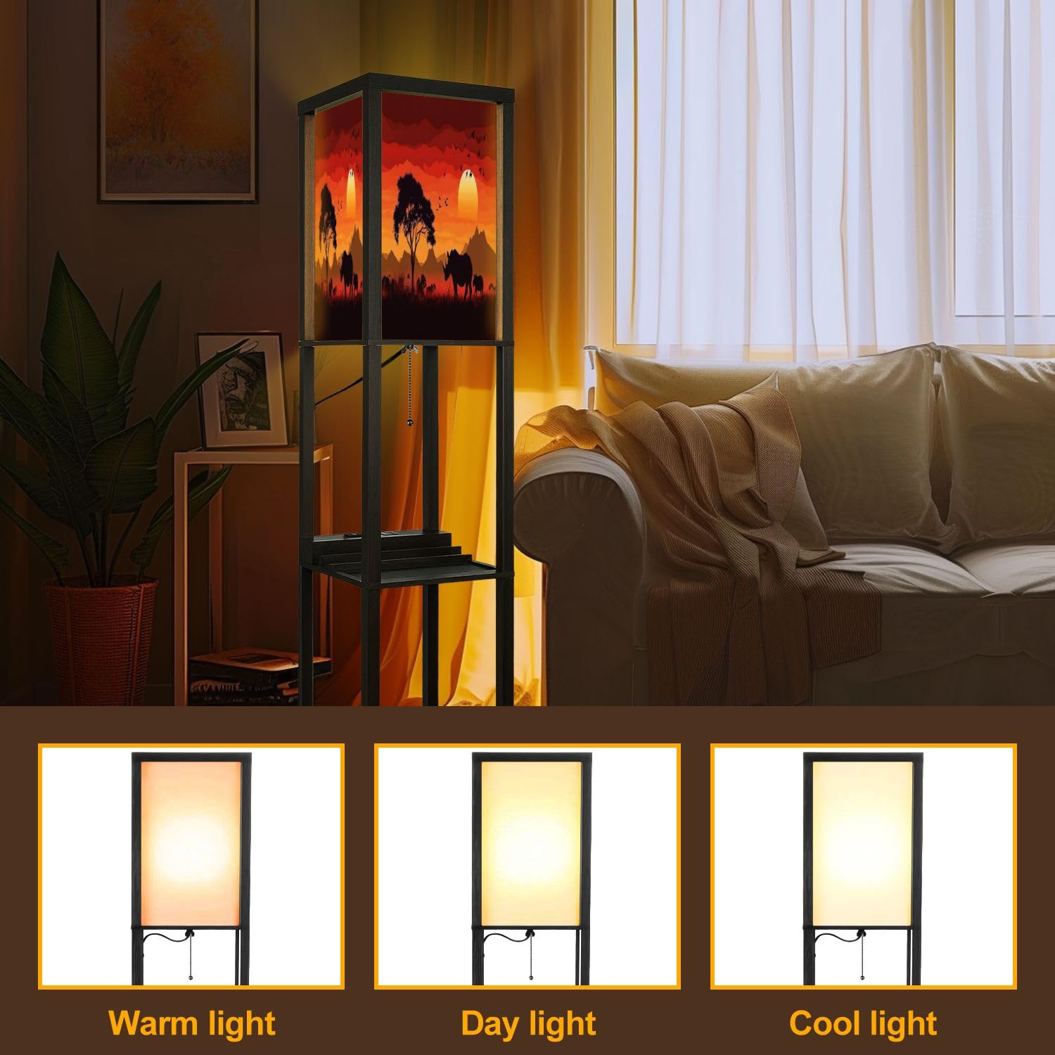 Modern Floor Lamp with Shelves - USB Ports & Power Outlet, Silhouette Wild Sunset Animal Design - Tall Standing Corner Lamp for Living Room, Bedroom, Office - Perfect for Reading, Nightstand Lighting & Home Decor