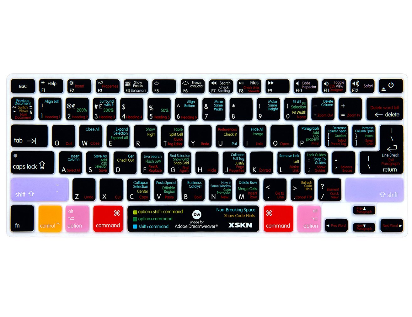 XSKN Adobe Dreamweaver Shortcuts Keyboard Cover for MacBook - Hot Keys Skin Compatible with MacBook Air 13 & MacBook Pro 13/15/17 (US/European ISO Layout) - Perfect for Web Designers & Developers