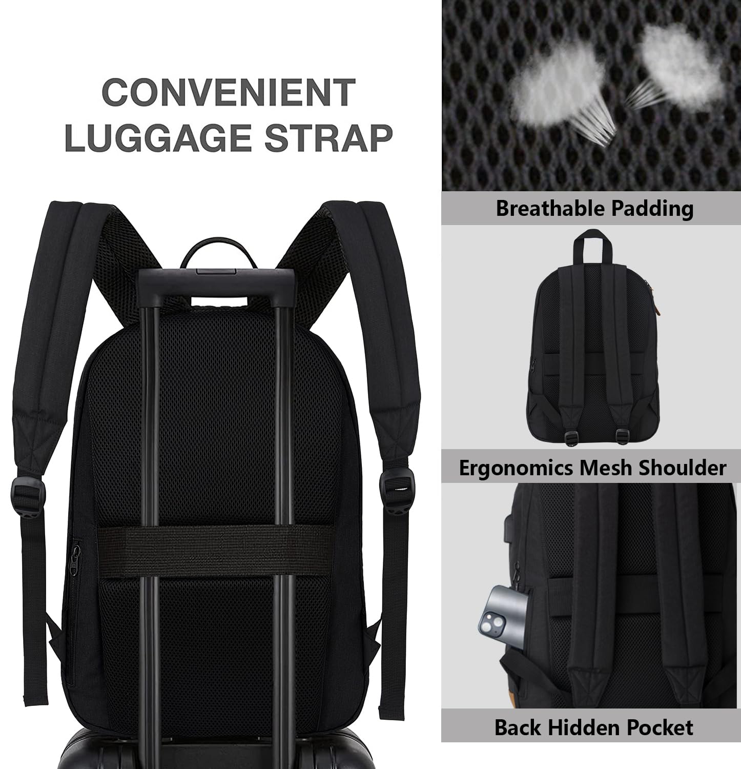 KEOFID Anti Theft Travel Backpack for Men & Women - USB Charging Laptop Backpack, Water Resistant College Work Bag (Black) - Perfect for Business Trips, Commuting & Campus Life